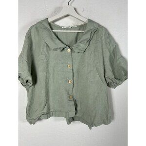 Christy Allen Womens Sage Green Linen Button-Down Blouse Large Short Sleeve Top